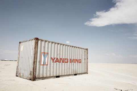 A solitary container dropped on the playa