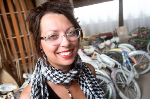 Ballyhoo Betty at the bike shop on the Burning Man Work Ranch