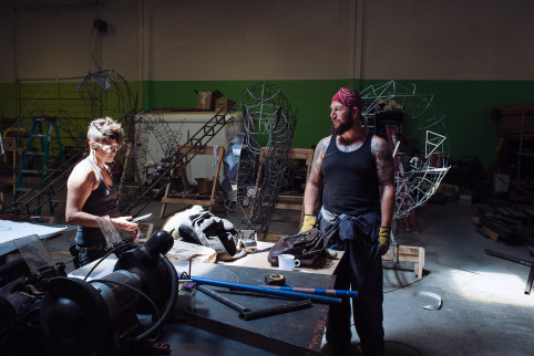 Carina and Chuck, setting up the metal shop for another 20 hour day of burning steel.