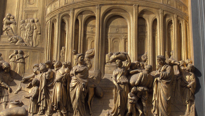 Bas-relief panel from the door of the Florentine Baptistery, by Lorenzo Ghiberti. Funded by the Wool Guild.