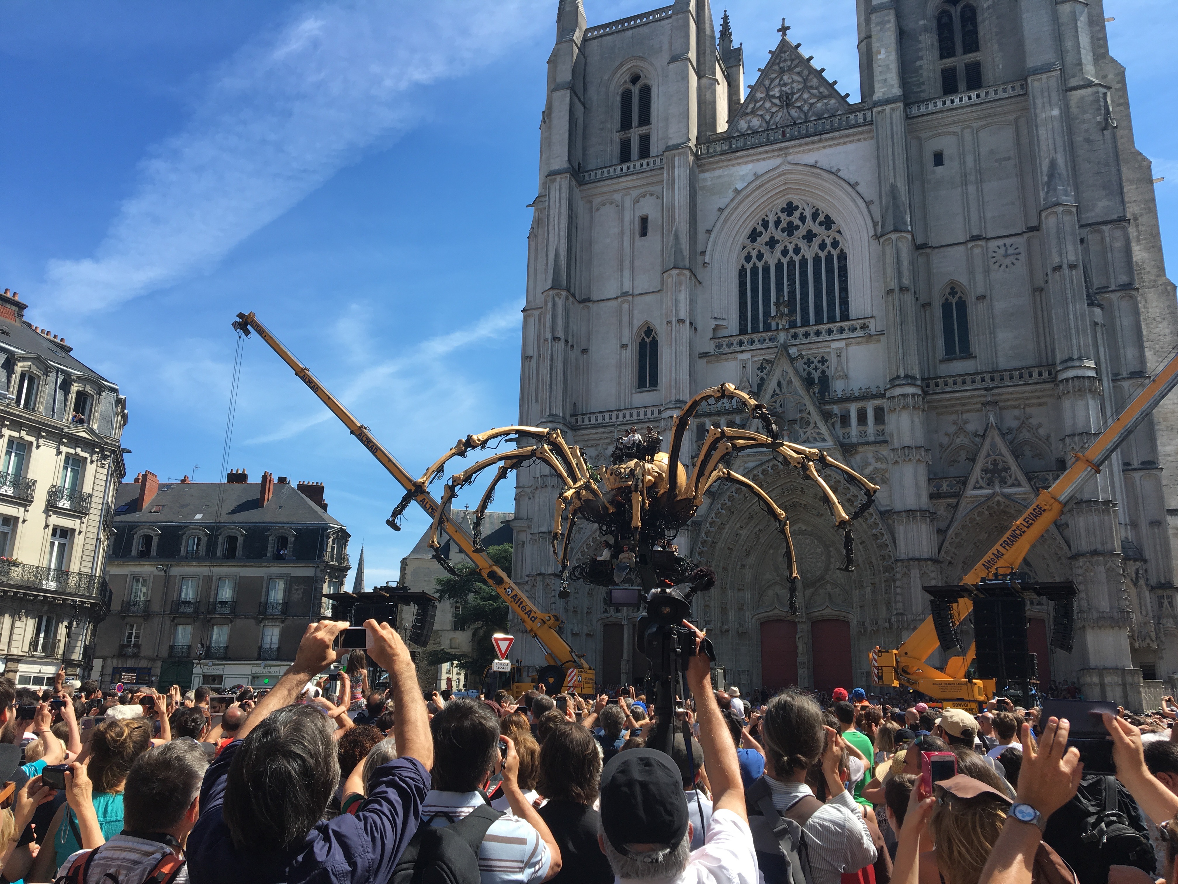 The crowd assembles and Kumo awakes in by St. Pierre Cathedral in Nantes. (Photo by Meghan Rutigliano)
