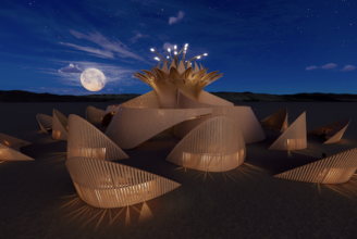 design rendering of Temple of the Moon by James Gwertzman, night rendering by Annie Locke Scherer