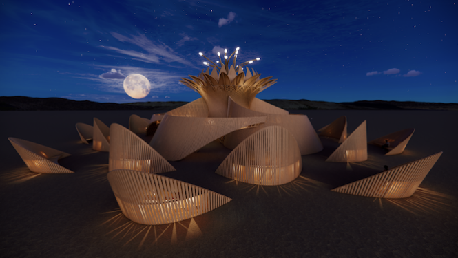 design rendering of Temple of the Moon by James Gwertzman, night rendering by Annie Locke Scherer