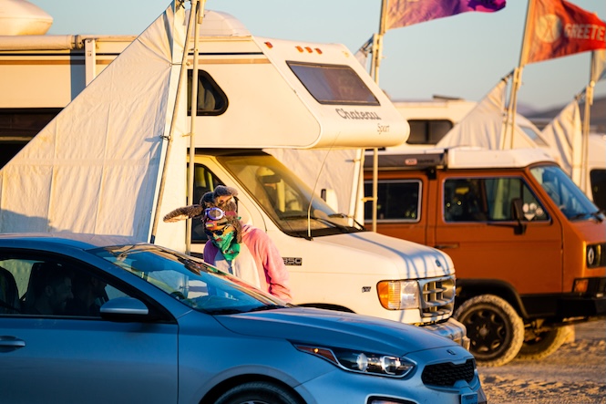 Greeters say hello to new arrivals to Black Rock City
