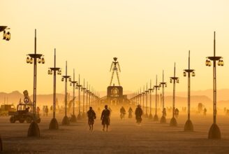 The effigy at sunrise, Black Rock City 2022, photo by Espressobuzz