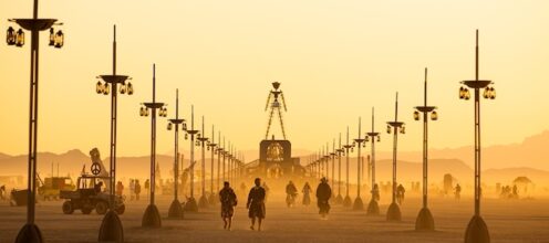 The effigy at sunrise, Black Rock City 2022, photo by Espressobuzz