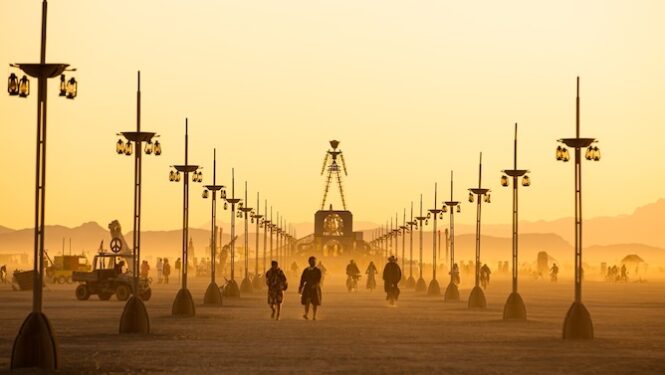 The effigy at sunrise, Black Rock City 2022, photo by Espressobuzz