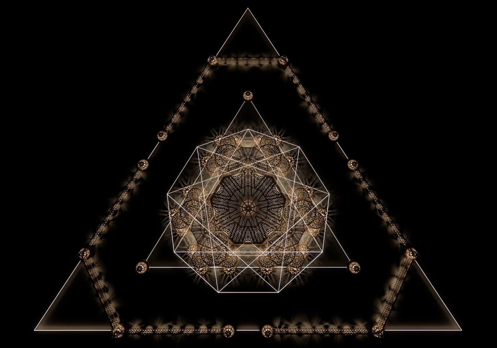 Overhead view, rendering of the temple at night. 
